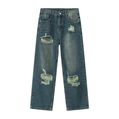 Hearujoy Ripped Jeans for Men Wide Leg Pants Hip Hop Distressed Denim Trousers Male Vintage Casual Japanese Streetwear Hippie