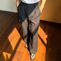 YICKYUE - Spring Summer Men Pinstripe Pants High Waist Wide Leg Relaxed Fit Casual Office Trousers