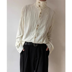 HEARUJOY - Men's French Style Vintage Pleated Textured High Collar Button Up Shirt Spring Autumn Y2K Harajuku Solid Long Sleeve Loose Tops