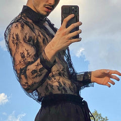 HEARUJOY - Mens esh Tops See Through Long Sleeve Floral Clubwear Party Tee Blouse Polyester Black Fit M~2XL Casual Button Down Shirts