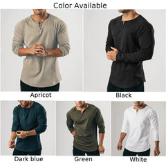 HEARUJOY - Fashion New T-Shirt Mens Elastic Henley Grandad Long Sleeve Pullovers Slim Fit Solid Color Undershirt V Neck Tops