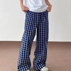 HEARUJOY - Blue Checkered Straight Leg Pants Mens Retro Trendy Loose Couple Casual Trousers Multiple Buckles College Pantalones Hombre