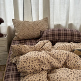 YICKYUE - 3/4pc Vintage Little Floral Bedding Set Soft Washed Cotton Duvet Cover Set Grid Bed Sheet+Pillowcases for Single Full Queen Home