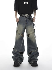 Hearujoy Wide Leg Jeans Pants Men Streetwear Baggy Distressed Denim Trousers Male Oversize Hollow Out Casual Korean Hip Hop
