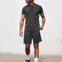 HEARUJOY - Men's Tracksuit 2 Piece Set Waffle V-neck Zipper Short Sleeve T Shirt And Shorts Summer Casual Fashion Sport Suit Man Clothing