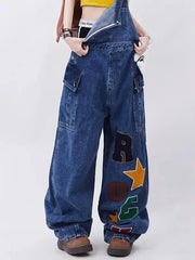 Hearujoy y2k letter embroidery all-match denim overalls women's summer retro loose slim fashion retro wide-leg jumpsuit women's clothing