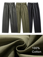 HEARUJOY - Korean Style Men’s Casual Pants for Spring Summer 100% Cotton Elastic Waist Solid Color Wide Leg Slacks Loose Straight Trousers