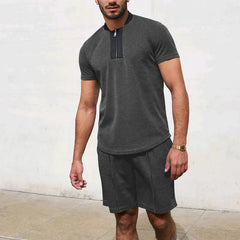HEARUJOY - Men's Tracksuit 2 Piece Set Waffle V-neck Zipper Short Sleeve T Shirt And Shorts Summer Casual Fashion Sport Suit Man Clothing