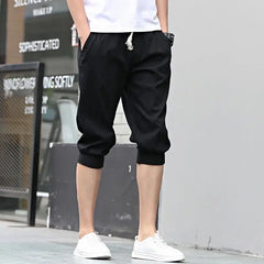 HEARUJOY - Summer New Sports Trend Versatile Casual Shorts Men's Solid Elastic Waist Drawstring Pockets Cotton Calf Length Cropped Pants