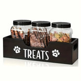 YICKYUE - Natural Wooden Pet Snack Box with 3 Sealed Plastic Containers - Airproof Cat & Dog Food Storage Organizer