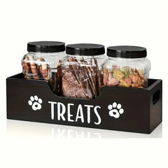 YICKYUE - Natural Wooden Pet Snack Box with 3 Sealed Plastic Containers - Airproof Cat & Dog Food Storage Organizer