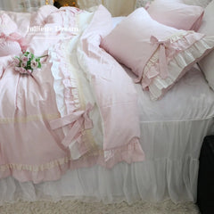 YICKYUE - Romantic Ruffle Bedding Set, Lace Trim & Bow Detail Pink 4-Pc Cotton Sheet Set, Bedding for Girls Room,Princess Duvet Cover