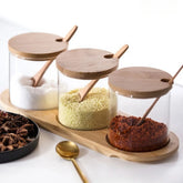 YICKYUE - 3Pcs Condiment Jars Set Clear Glass Bamboo Lid Spice Jar with Spoon Kitchen Sugar Salt Spices Storage Box Household Container