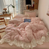 YICKYUE - Kawaii Cherry Bedding Sets Ins Girly Cottagecore Ruffles Duvet Cover Fitted Sheet For Girls Woman Home Bedroom Kawaii Bed Linens