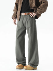 HEARUJOY - Korean Style Men’s Casual Pants for Spring Summer 100% Cotton Elastic Waist Solid Color Wide Leg Slacks Loose Straight Trousers
