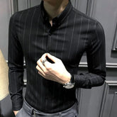 HEARUJOY - Trendy Handsome Men's Shirt Long Sleeve Non Iron New Casual Korean Vertical Stripe Slim Fit Black Business