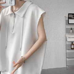 Hearujoy Men Turn-down Collar Tanks Drawstring Vest Summer Simple Loose Breathable Teenager Fashion Sleeveless Casual Tops Plus Size 2XL