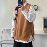 HEARUJOY - Men's Hong Kong Style Open Slit Knit Vest Vintage Loose Fit Solid Color Round Neck Pullover Outerwear Trendy Casual Outerwear