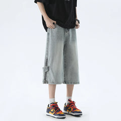Hearujoy Korean Style Zipper Decor Men's Jeans Sixer Pants Summer Male Wide Leg Shorts 2024 Washed Fashion Loose Casual Denim Trousers