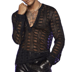 HEARUJOY - Men Lace T-Shirt See-Through V-Neck Mesh Thin T-Shirt Summer Streetwear Sexy Fashion Breath Long Sleeve Top Men'S Clothing 2025