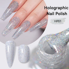 YICKYUE - 7ml Sliver Holographics Nail Polish Colorful Shining Glitter Sequins Effect Nail Art Varnish No Need Lamp Air Dry