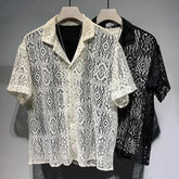 Hearujoy Mens See-Through Hollow Short-Sleeve Casual Shirt 2024 New Genderless Fashion Individuality Retro Sexy Lace Loose Shirt Unisex