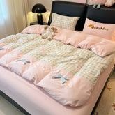 YICKYUE - 3/4Pcs Bedding Set Bed Sheets Full Set 100% Cotton Checkered Bow Pink Duvet Cover Cute Core Princess Bedding Four-Season