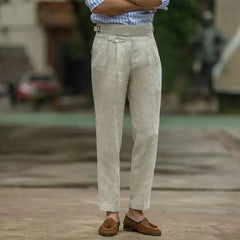HEARUJOY - British Style Men Gurkha Linen Pant High Waist Straight Ankle-Length Pants Spring Summer High Quality Thin Casual Loose Trouser