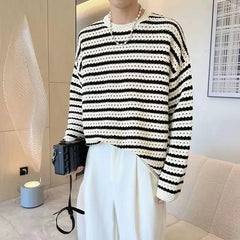 Hearujoy Stripe Knit T Shirts for Men Japan Korean Male Tops Luxury 90s Vintage Pullover F Polyester Elasticity Autumn New A Clothes