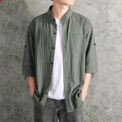 HEARUJOY - Loose Roll-Up Sleeves Men'S Button Down Shirt Men Fashion Spring Summer Casual Short Sleeve Turndown Neck Roupas Masculinas