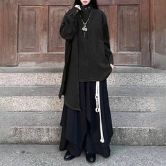 HEARUJOY - Y2k Layered Buttoned Culottes Dark Gothic Style Hakama Genderless Japanese Streetwear Casual Wild Wide-Leg Samurai Pants Unisex