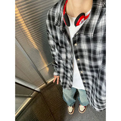HEARUJOY - 5XL Long Sleeved Shirt Men Oversized Retro Plaid Shirt Men Japanese Streetwear Loose Casual Shirt Mens Vintage Shirts Plus Size