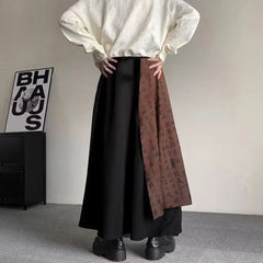 HEARUJOY - Mens Double Layer Chinese Calligraphy Splicing Irregular Culottes Genderless Waist Strap Loose Wide Leg Pants Unisex