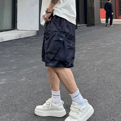 Hearujoy Summer Mens Workwear Shorts Simple American Style Retro Solid Color Loose Creativity Pockets Versatile Casual Daily Shorts
