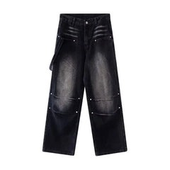 Hearujoy Mens Pants Washed Worn Yellow Mud Jeans Autumn High Waist American Vintage Double Knee Logging Workwear Pants Unisex Pants