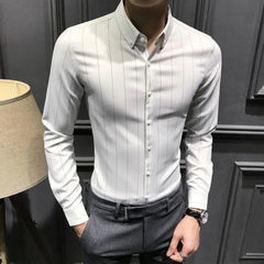 HEARUJOY - Trendy Handsome Men's Shirt Long Sleeve Non Iron New Casual Korean Vertical Stripe Slim Fit Black Business