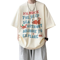 YICKYUE - Mens Oversized T Shirt White 5XL Men's Cotton T-shirts Summer Casual Wear Fish Letter Print Tee Shirts for Men Male Clothes