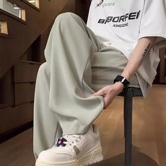Hearujoy Summer Suit Pants Men Ice Silk Wide Leg Pants High Waist Trousers Male Quick Drying Korean Business Office Casual