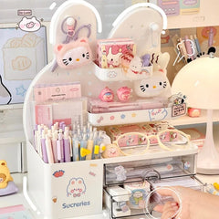 YICKYUE - Desktop Hole Board Storage Box Desk Organizer Girls Cute Pen Holder Storage Stationary Rack Korean Kawaii Bunny Cosmetic Shelf