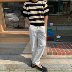 Hearujoy Korean summer Men's Knitting Striped Male T-shirts Men's Round Neck Solid color black blue Casual Short Sleeve Pullover
