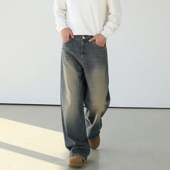 Hearujoy Washed Jeans Men's Loose Korean Style Fashion Straight Leg Pants Casual Male Trousers Zipper Summer 9C4993