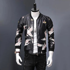 Hearujoy Y2K Chinese Style High Street Fashion Trend Crane Print Flight Jacket Mens Trendy Japanese Spring Autumn Baseball Uniform Jacket