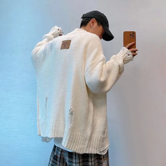 Hearujoy Mens Autumn Winter Y2k Lazy Style Hollow Ribbed Cardigan Sweater Essential Genderless Trendy Solid Color Zipper Couple Sweater