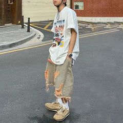Hearujoy Mens Y2k Washed Distressed Raw Edge Ripped Denim Shorts Streetwear Retro Straight Leg Loose Denim Shorts Men's Clothing