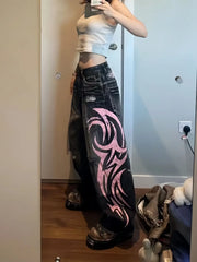 Hearujoy Y2K American Vintage Mottled Totem Print Baggy Jeans Women's High Waist Wide Leg Jeans Women's Harajuku Trendy Hip-hop Jeans
