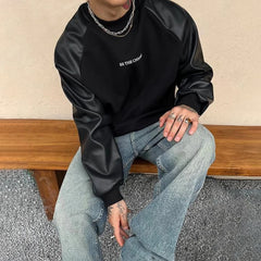 Hearujoy Mens Y2k Contrast Pu Leather Raglan Sleeves Sweatshirt Autumn And Winter Genderless Casual Loose Splicing Sweatshirt Unisex