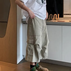 HEARUJOY - Cargo Cropped Pants Mens Summer New Multiple Pockets Casual Wide Leg Tooling Shorts Street Retro Paratrooper Overalls Thin
