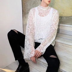 Hearujoy Mens Sexy Lace See-Through Long-Sleeve Top 2024 New Fashion Nightclub Youth Personality Versatile Thin High-Neck T-Shirt For Men