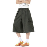 HEARUJOY - Vintage Men's Shorts Fashion Trend Fold Washed Distressed Adjustable Multi-pocket Male Jorts Over Knee Length 9W3516