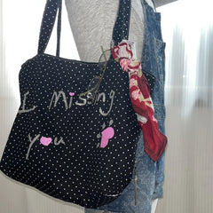 YICKYUE - Korean Vintage Canvas Shoulder Bag Women Cute Lace Large Capacity Tote Bag Multi Pocket Handbag Fashion Round Dot Underarm Bag
